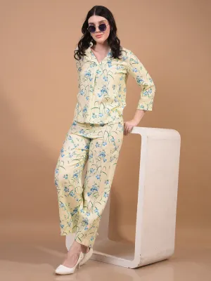Women's Green Floral Print Wide-Leg Linen Trousers