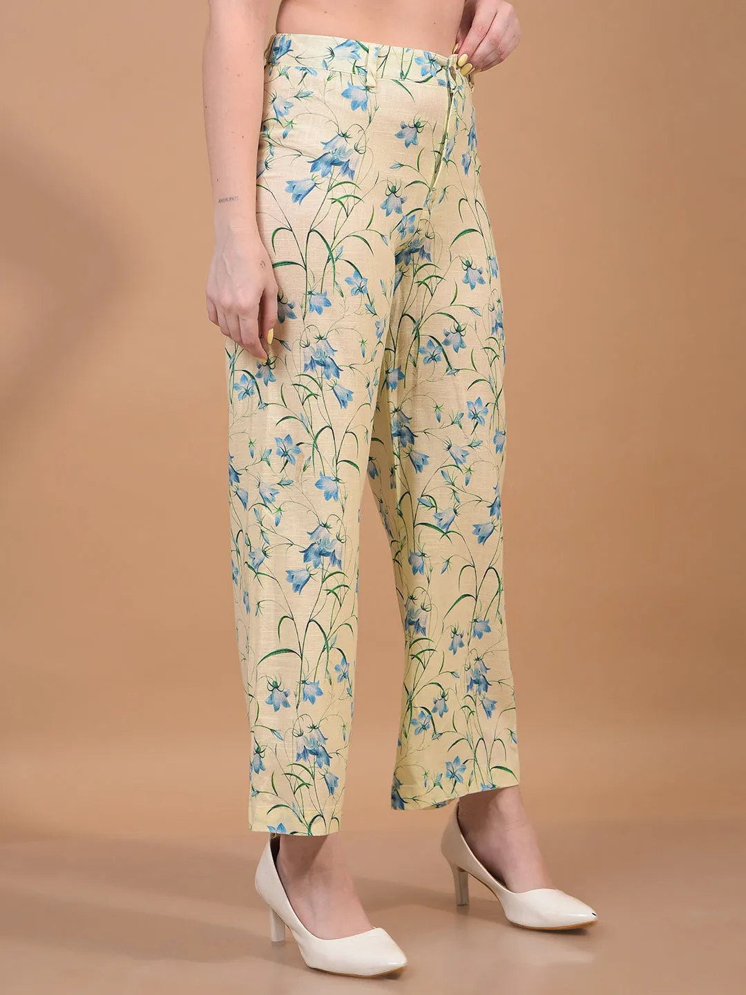 Women's Green Floral Print Wide-Leg Linen Trousers