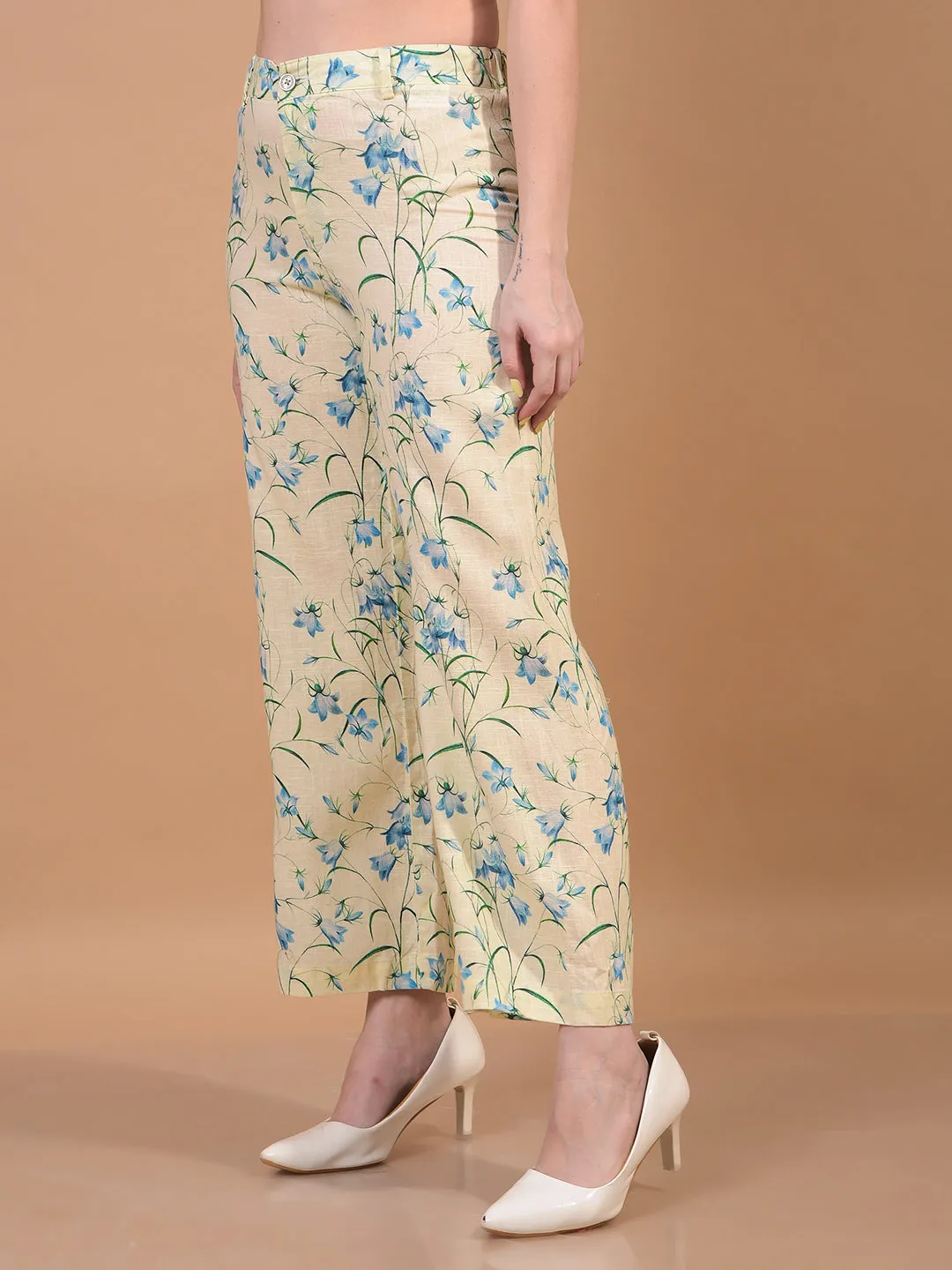 Women's Green Floral Print Wide-Leg Linen Trousers