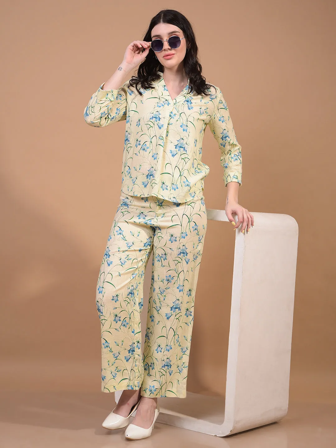 Women's Green Floral Print Wide-Leg Linen Trousers